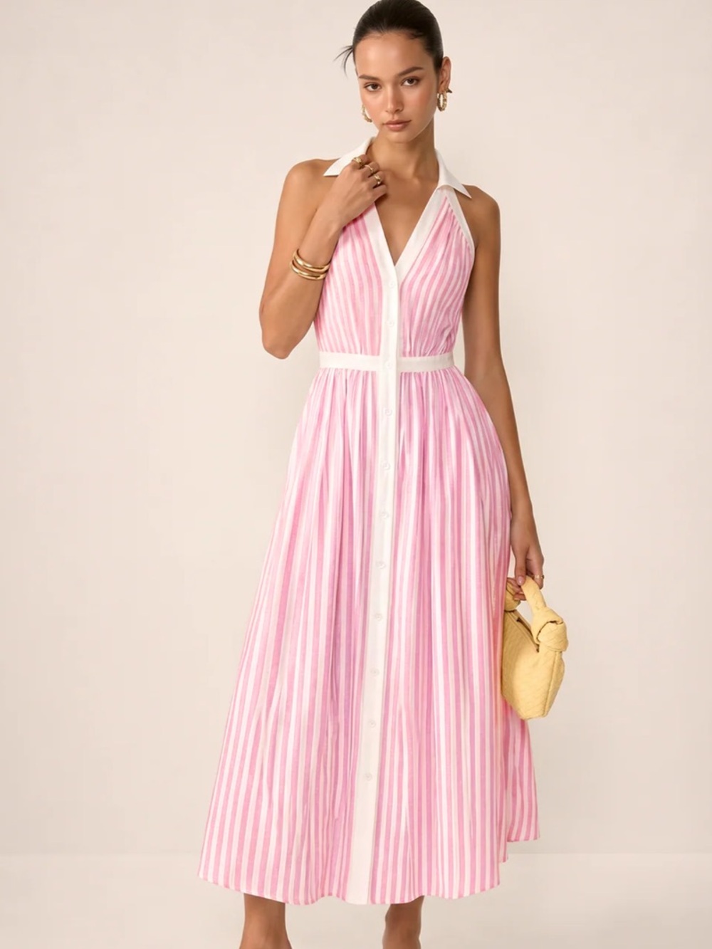 Commense Pink & White Striped Collared Halter 💕 Midi Dress: NWT